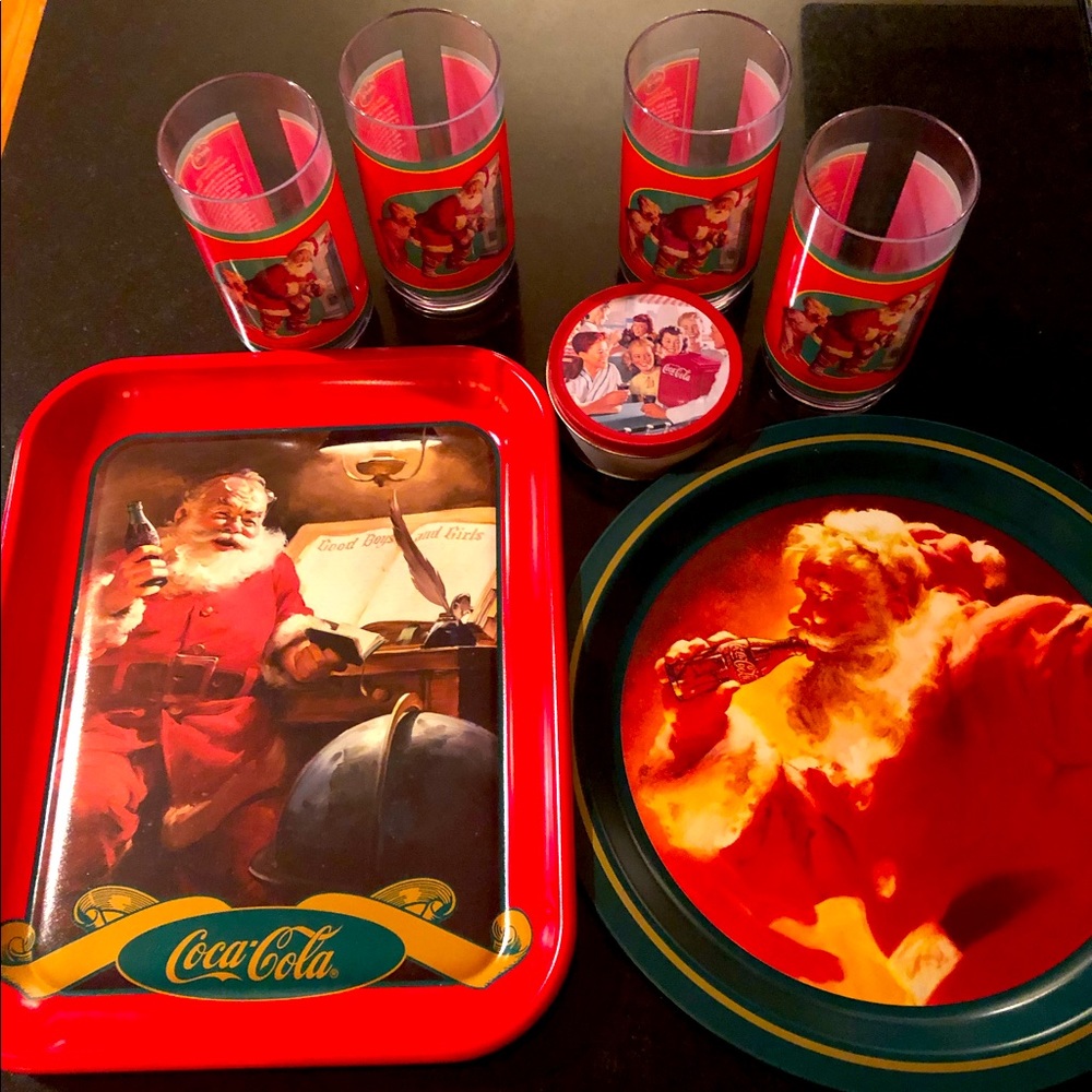 Coca-Cola Christmas Set- 2 Trays, 4 cups, 6 coasters.